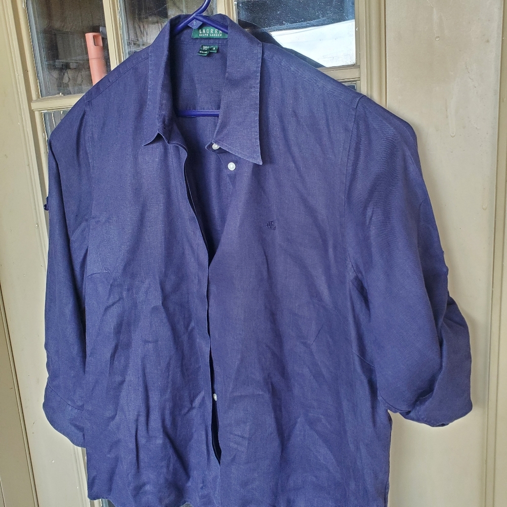 Ralph Lauren 100% Linen Women's Shirt Navy Blue Button Up Top Blouse LS Roll 1X